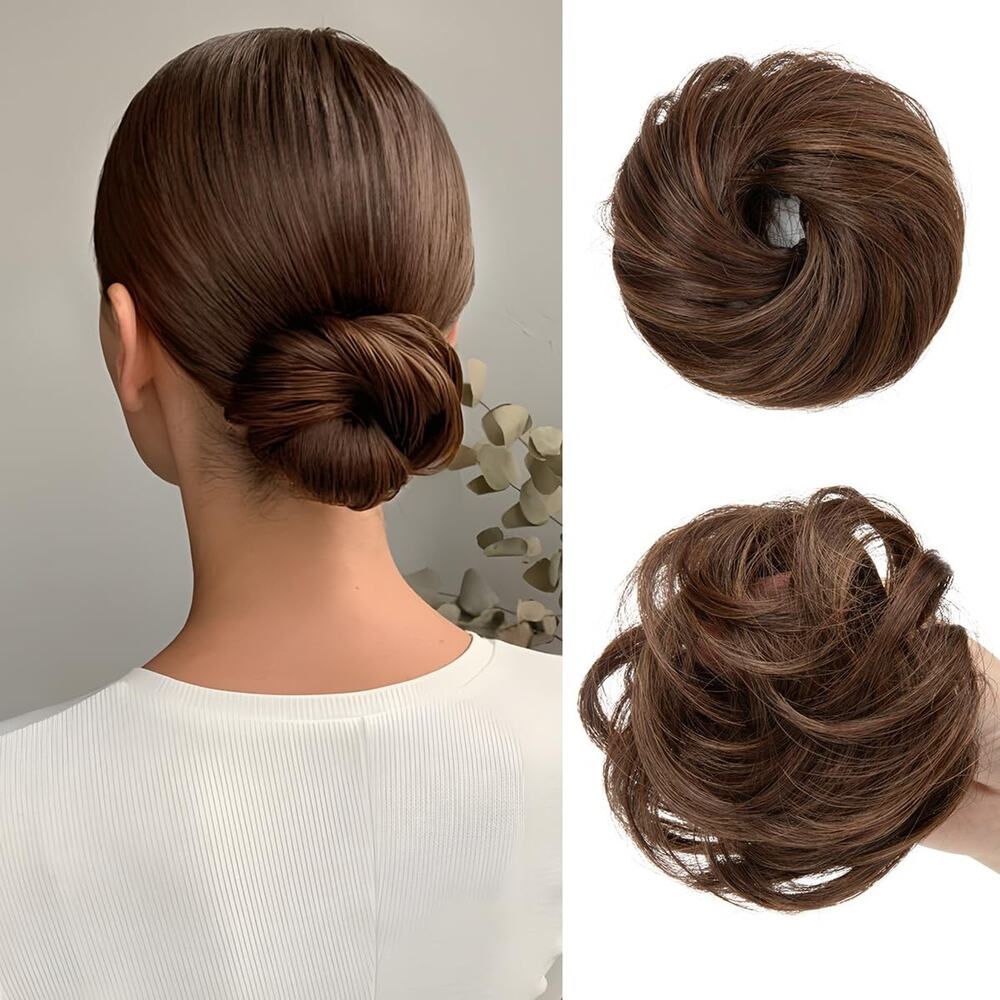 Womens Messy Hair Bun Extension Scrunchie Curly Coffee Brown 2 Pcs Set